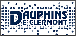 Logo des Dauphins de Clermont avec fond à motifs de points bleus.