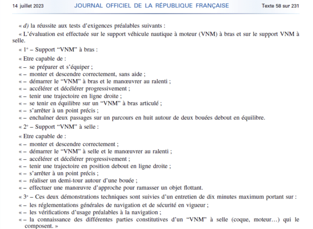 Liste des épreuves techniques obligatoires pour les candidats au BPJEPS Motonautisme, comprenant la maîtrise des VNM à bras et à selle.