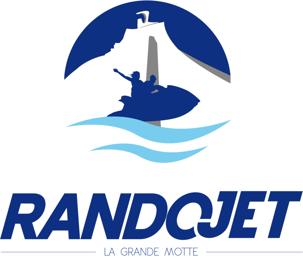 Logo de RandoJet La Grande Motte avec jet ski et architecture emblématique